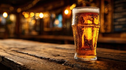 A clear glass of beer sits on a rustic wooden table, reflecting warm light from the background, creating a cozy atmosphere.