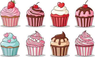 Delicious set of cute hand-drawn vector cupcakes with various toppings, frostings, and fillings, perfect for Valentine's Day, baking, and sweet dessert themes, isolated on white.