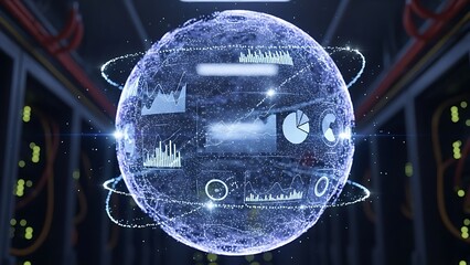 Digital holographic globe displaying complex data analysis and charts floating in a modern server room environment with glowing light