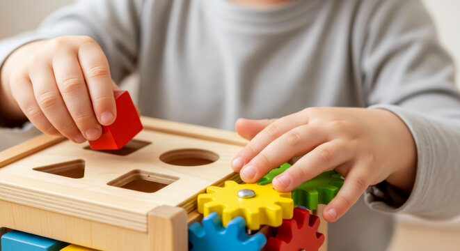 Child&rsquo;s hands playing with wooden shape sorter and gear toy. Development of motor and cognitive skills.