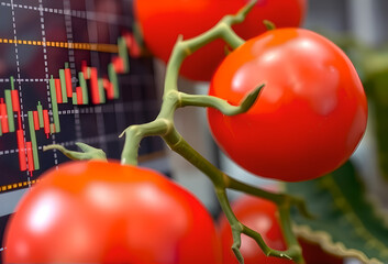 Ripe Tomatoes on Vine with Blurred Upward Stock Market Graph: Agriculture and Financial Growth Concept.