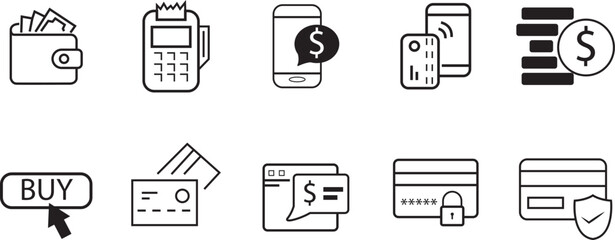 Online payment set web line art vector icon. vector art of wallet, e-wallet, credit, card, cash, transaction etc