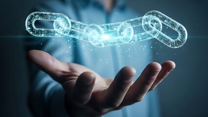 Businessman hand holding glowing digital blockchain technology concept with futuristic light effect and particles in a dark setting
