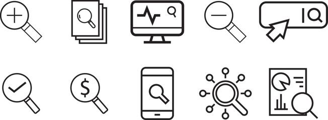 Search web icon set in line style. vector line art of magnifying glass, data analysis, digital marketing, investigation, find and more