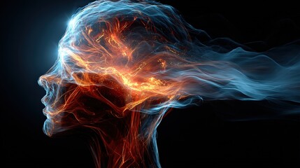 A vibrant, abstract depiction of a human profile, featuring flowing, fiery colors representing thoughts and emotions.
