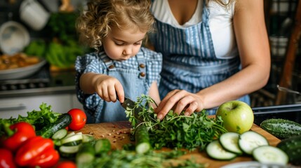 A heartwarming breakfast scene  mother and daughter bonding over cooking in a modern kitchen