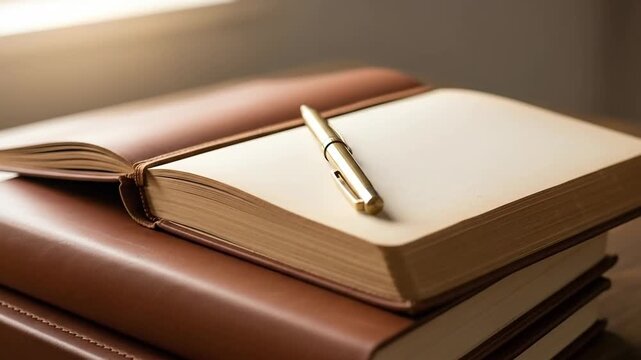 Elegant Gold Pen Rests On Open Blank Notebook With Leather Bound Journal Stacked Below Warm Sunlight From Window Creating Soft Light And Shadows