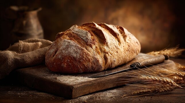 A rustic loaf of bread rests on a wooden board, surrounded by wheat, creating a warm and inviting culinary atmosphere. - Powered by Adobe