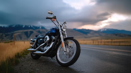 Naklejka premium Vintage motorcycle parked on empty road with mountains and dramatic sky in background during sunset
