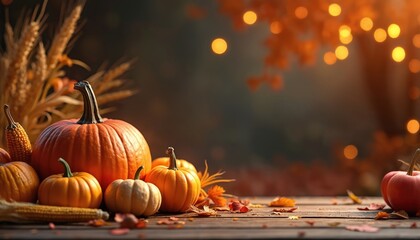 Illustration of autumn harvest. Pumpkins squash apples corn leaves arranged on rustic wooden table. Festive background with bokeh lights. Thanksgiving holiday vibe.