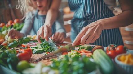 A mother and daughter bonding over healthy breakfast preparation in a bright modern kitchen
