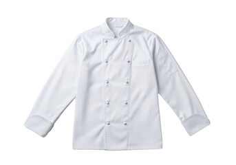 Pristine, double-breasted white chef's jacket with knot buttons, stiff stand-up collar, and premium cotton twill, against a transparent background with copy space, concept of culinary excellence and