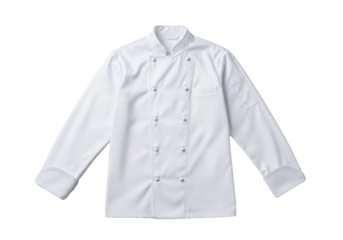 Pristine, double-breasted white chef's jacket with knot buttons, stiff stand-up collar, and premium cotton twill, against a transparent background with copy space, concept of culinary excellence and
