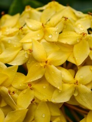 Bright yellow ixora flowers in natural light, showcasing fresh petals, vibrant colour, and tropical garden details.