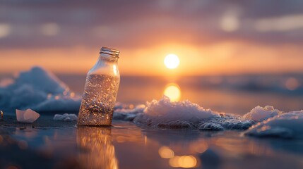 Glass Bottle on Beach with Waves and Sunset in Background Reflecting Beautiful Orange and Purple Sky