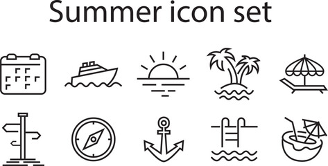 Summer  set line art icon. vector linear art of beach, travel, sunset, boat, relax etc