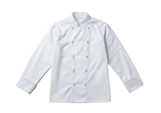 Pristine, double-breasted white chef's jacket with knot buttons, stiff stand-up collar, and premium cotton twill, against a transparent background with copy space, concept of culinary excellence and