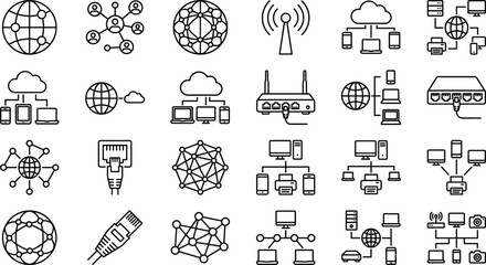 Internet and Network Connectivity Icon Set, Vector Global Communication, Wireless Wi-Fi, Cloud Computing, LAN Cable, and Data Exchange Symbols