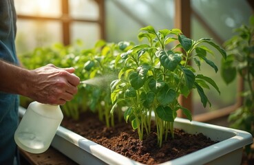 Man waters pepper plants in greenhouse. Gardener sprays seedlings with water bottle for growth. Close up of hands caring for green sprouts in warm sunlight.