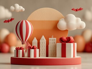 Dreamy Romantic 3D Product Display with Hot Air Balloons and Cloud Decorations