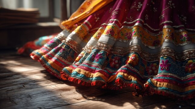 Colorful traditional dress with intricate patterns and rich fabrics in warm natural light setting - Powered by Adobe