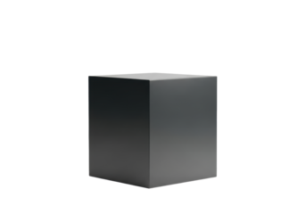 A single, perfectly symmetrical, minimalist cubic display podium in matte dark gray with sharp edges, isolated against a seamless transparent background with soft studio lighting. Minimalist product
