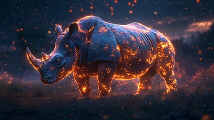 Surreal glowing rhino shining bright fiery aura high resolution picture