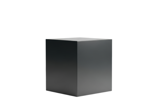 A single, perfectly symmetrical, minimalist cubic display podium in matte dark gray with sharp edges, isolated against a seamless transparent background with soft studio lighting. Minimalist product