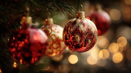 Festive spheres adorn a lush, evergreen branch, catching the light in holiday splendor.