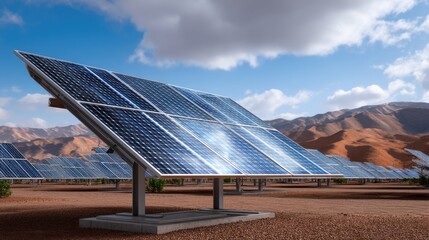 Solar Panels in Desert Landscape with Mountains and Clear Blue Sky Under Bright Sunlight