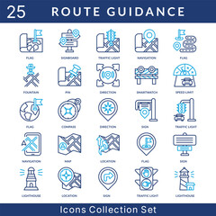 Route Guidance icon set collection in outline color style. an icon pack contain fountain, pin, direction, smartwatch, speed limit, compass, sign, map, location, lighthouse