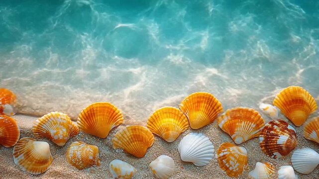 Underwater view of diverse seashells on a sunlit seabed