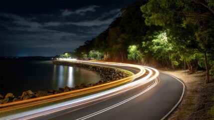 Serene Coastal Road with Light Trails at Night under a Moonlit Sky Surrounded by Lush Greenery