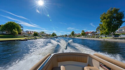 Scenic View of Boat Wake on Sunny Day in Serene Waterway Surrounded by Beautiful Homes and Lush Greenery