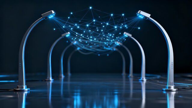 Generative AI futuristic network connectivity via digital light beams.