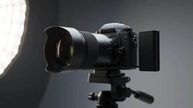 Professional black mirrorless camera with lens and screen on tripod, studio light