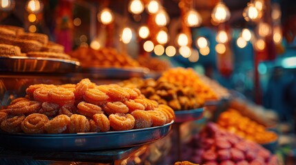 A vibrant display of various, tempting sweets and delicacies at a lively market stall.