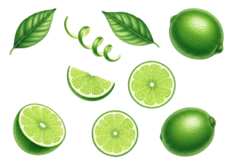 Watercolor botanical art: emerald green limes (whole, halved, sliced), leaves, zest, blossom, isolated on white backdrop, concept of natural freshness and purity