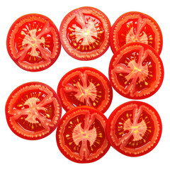 Eight Slices of Fresh Red Tomato Against a Solid Black Background