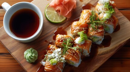 Fresh and Colorful Sushi Platter with Sliced Ginger, Wasabi, and Soy Sauce on a Wooden Board