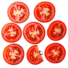 Eight Slices of Fresh Red Tomato on a Black Background
