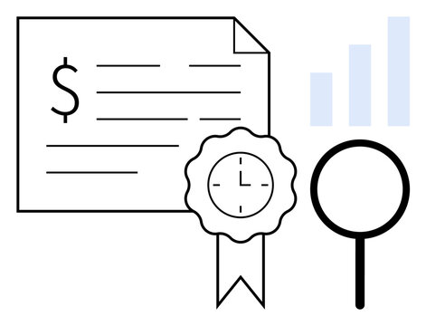 Financial document concept. Financial analysis highlighted with certificate, magnifying glass, and data graph. Financial documents for certification, data review, banking, or auditing - Powered by Adobe