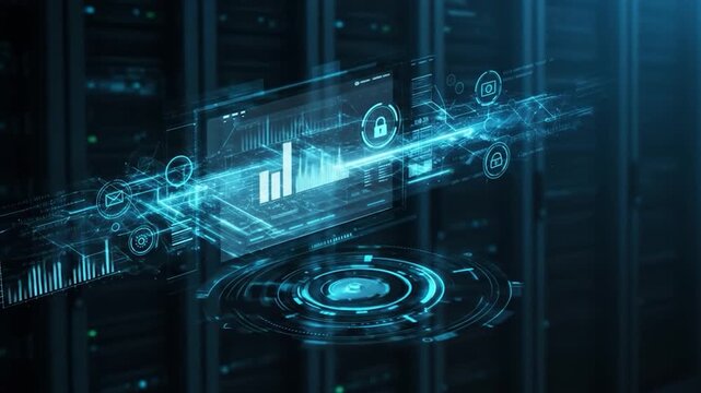 Digital interface with data charts, locks, and mail icon in server room