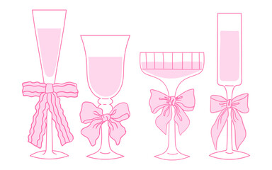 Elegant pink glasses with bows ready for a celebration or special occasion
