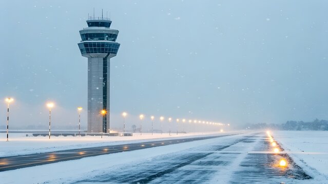 Frozen Airport Control Tower Gleaming Beside Runway Lights In A Gentle Blizzard, Capturing The Resilience Of Aviation Amid Snowy Silence, Glowing Night Skies, And Icy Winter Atmosphere