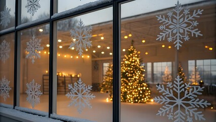 Serene Winter Gym Scene With Frosted Snowflake-Covered Windows Revealing Warm Interior Lights, Cozy Holiday Decorations, And Peaceful Fitness Ambiance On A Cold Snowy Evening