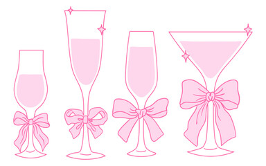 Elegant drink glasses decorated with pink bows for a celebratory occasion
