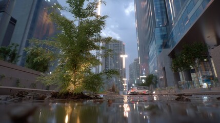 Urban Greenery in a Modern Cityscape After Rain Showcasing Nature’s Resilience Among Tall Buildings