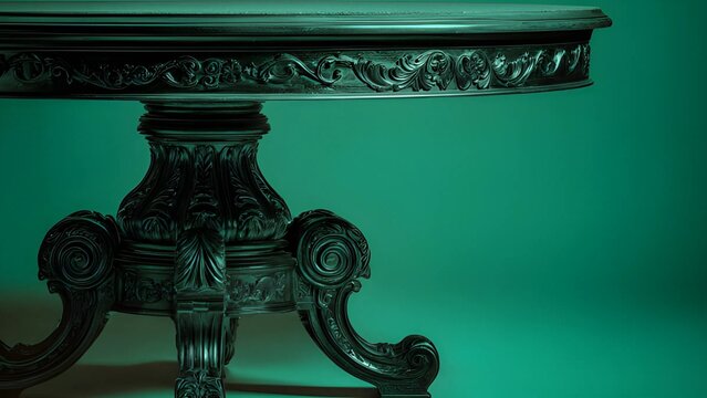 Dark wood, mahogany round center table with a carved pedestal base and "S" scroll feet. Ornate pedestal table in the Rococo style with a green malachite surface. Antique round wooden empty poker game