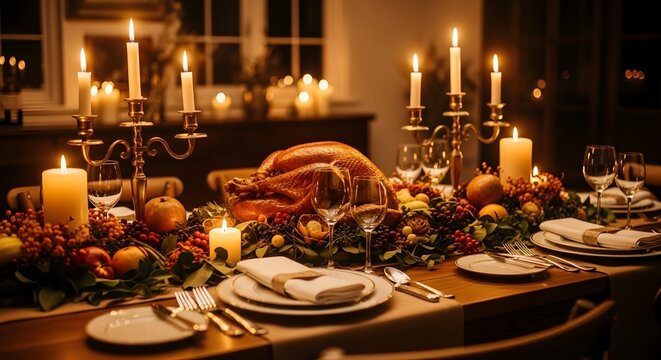 Festive Thanksgiving Dinner Table Setting with Roasted Turkey and Candles image photo